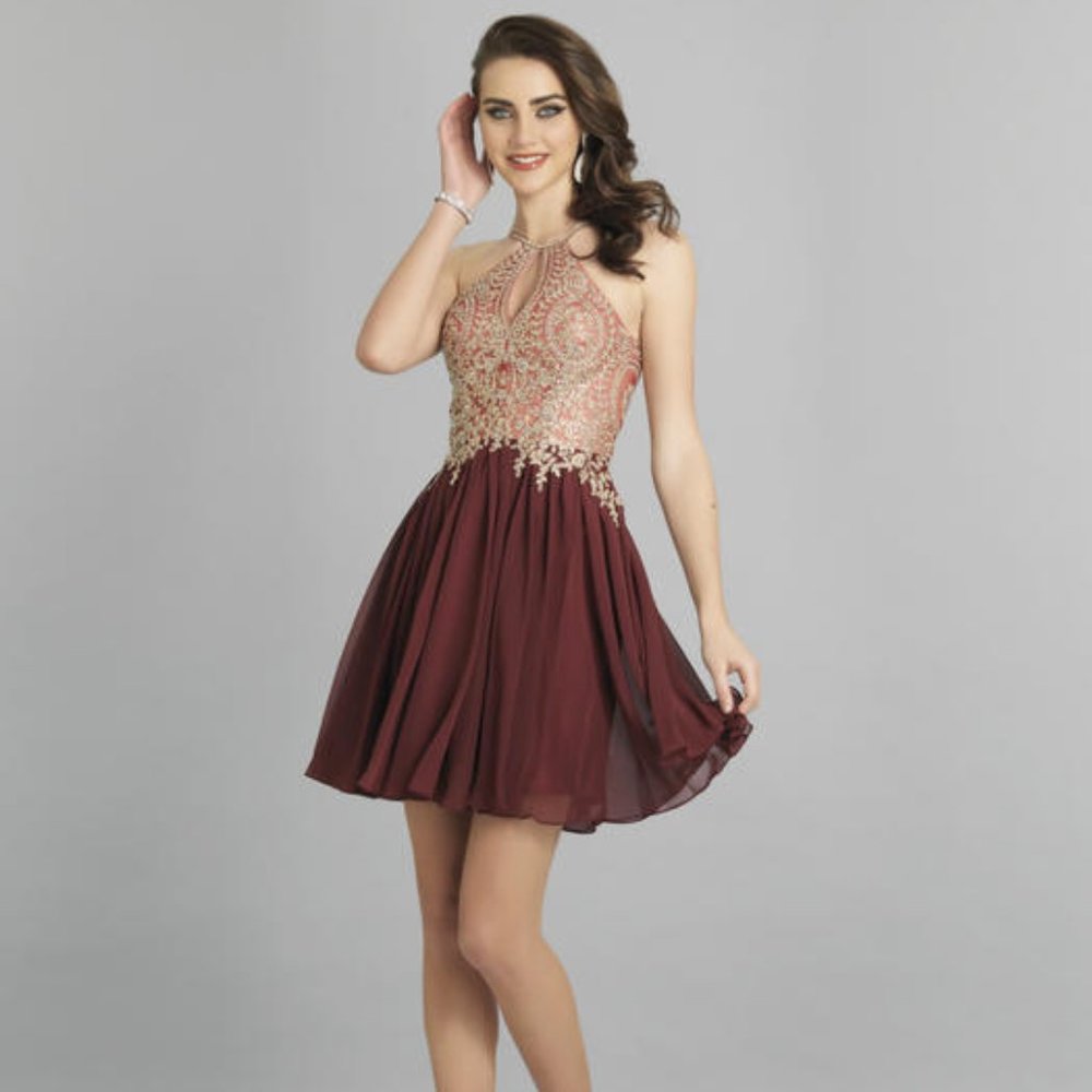 Dave & Johnny Embroidered Keyhole Bodice Chiffon Fit & Flare Dress